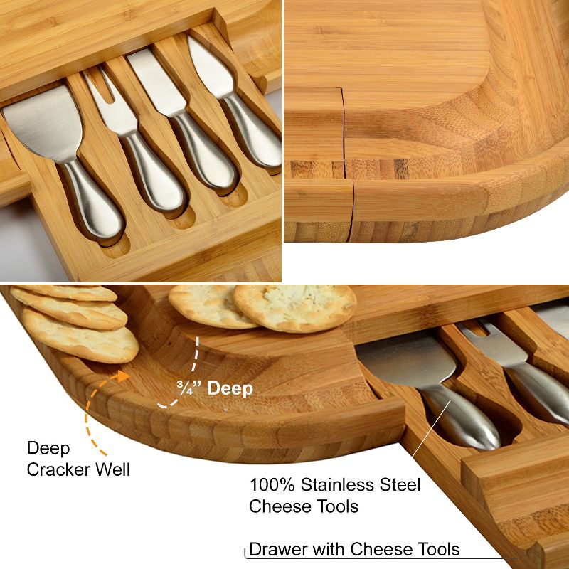 Picnic at Ascot - Large Bamboo Cheese Board with Cracker Groove & Integrated Drawer with 4 Piece Knife Set & Cheese Markers, 3 of 5
