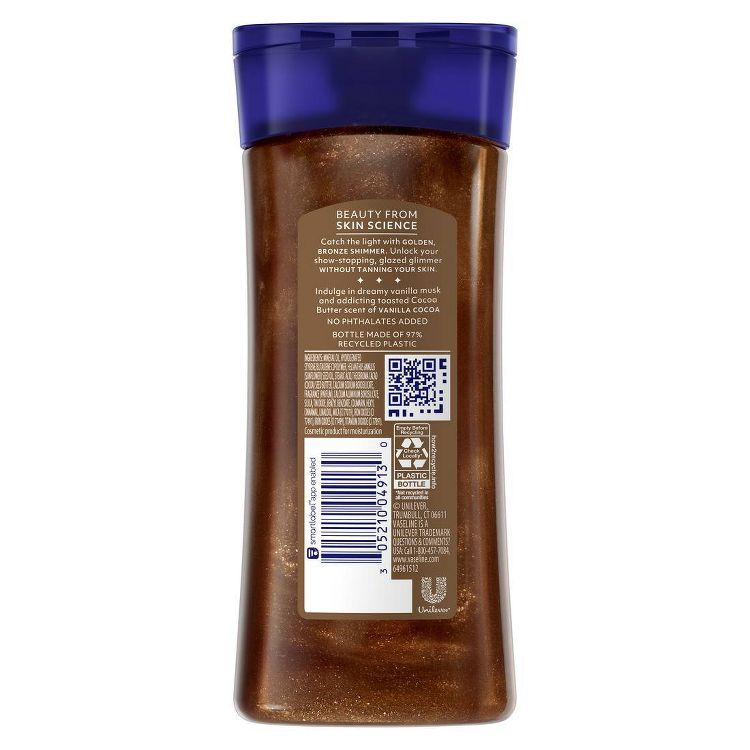 A plain shot of Vaseline Cocoa Radiant Lotion bottle. It has a brown, shimmery texture with a deep blue cap, made from 97% recycled plastic.