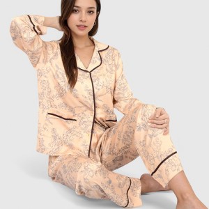 Anna-Kaci Lounge Women's Satin Pajama Set with Baroque Print Button-Up Top and Matching Pants - 1 of 4