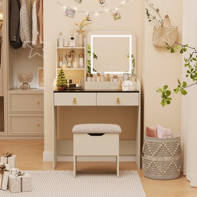 Vanity Desk, Makeup Vanity Table with 3 Lighting Color Adjustable Mirror and Charging Station, Dressing Table Set with 2 Large Drawers, 4 Open
