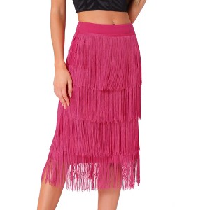 Allegra K Women's High Waist Bodycon Tiered Pencil Midi Tassel Fringe Skirts - 1 of 4
