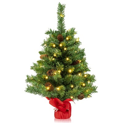 Tangkula 25" Mini Pre-lit Christmas Tree Tabletop Xmas Tree w/50 LED Lights 8 Light Modes 8 Pine Cones Cement Base