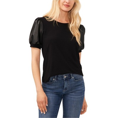 CeCe Womens Puff Sleeve Mixed Media Basic T-Shirt