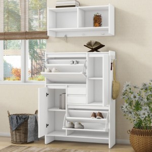 Space-Saving Tipping Bucket Shoe Cabinet with Wall Unit, 2-Drawer Foyer Cabinet, Versatile Hallway Side Cabinet - 1 of 3