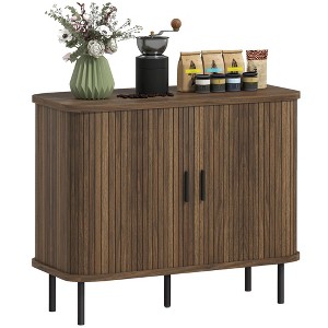 HOMCOM 35.4" Sideboard Buffet Cabinet with Storage, Nordic Coffee Bar Cabinet with Slatted Tambour Doors and Metal Legs, Walnut - 1 of 4