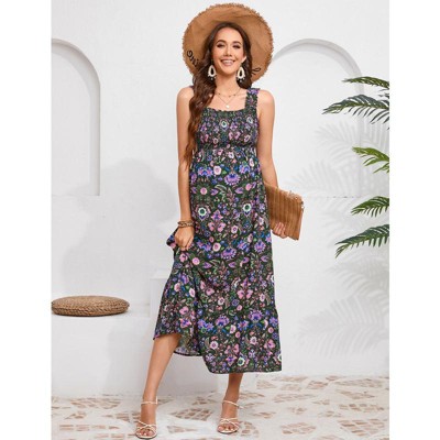 Women Smocked Maternity Boho Dress Summer Casual Spaghetti Strap Ruffle Sleeveless Flowy Maxi Dress Baby Shower Photoshoot