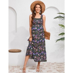 Women Smocked Maternity Boho Dress Summer Casual Spaghetti Strap Ruffle Sleeveless Flowy Maxi Dress Baby Shower Photoshoot - 1 of 4