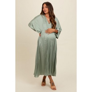Pinkblush Light Olive Satin Pleated V-Neck Maternity Maxi Dress - 1 of 3