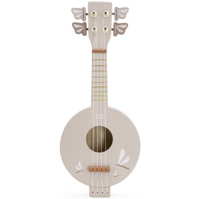 Label Label:  Wooden Banjo Toy - Tan, Dragonfly Design, Kids Ages 3+