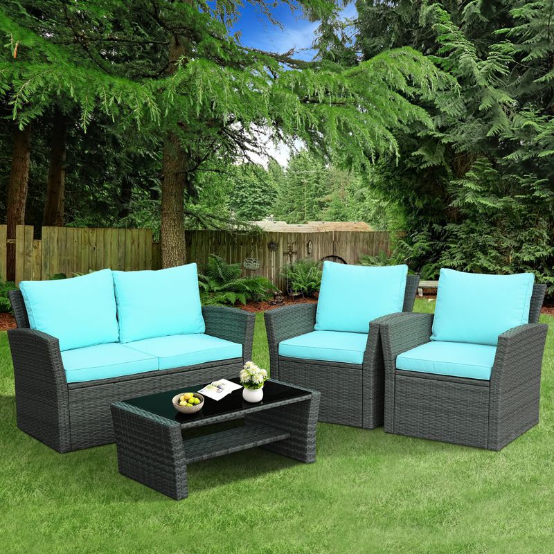 Tangkula 4-Piece Rattan Wicker Patio Outdoor Furniture Sofa Set with Cushions & Tempered Glass Table, 4 of 11