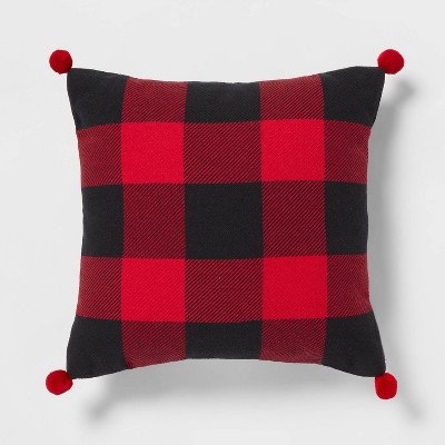 Buffalo Check Reversible Square Christmas Throw Pillow with Pom-Poms Red/Black - Wondershop™