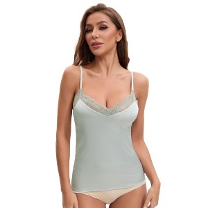 INSPIRE CHIC Women's Lace Trim Silk Satin V Neck Cami Vest Adjustable Spaghetti Strap Sleeveless Camisoles - 1 of 4