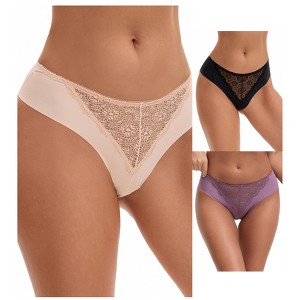 INSPIRE CHIC Women's Mid Waisted Briefs Smooth Silky Panties Soft Lace Breathable Underpants 3 Packs - 1 of 4