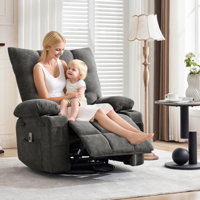Swivel Rocker Recliner Chair with Massage and Heat, Oversize Ergonomic Lounge Single Sofa with Side Pocket, Cup Holders for Living Room, Bedroom