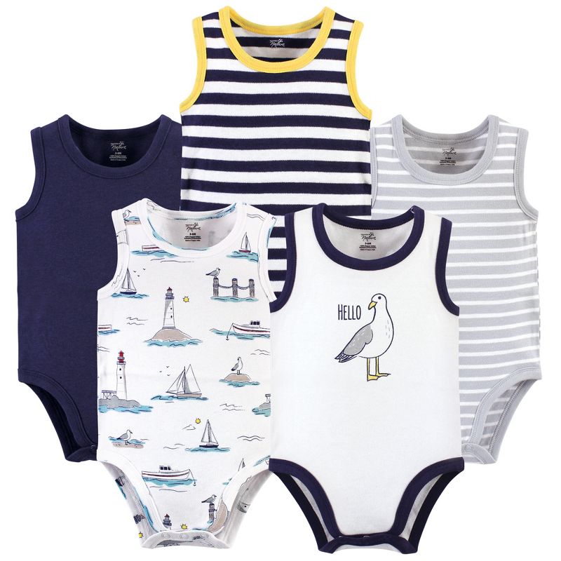 Touched by Nature Baby Boy Organic Cotton Bodysuits 5pk, Seagull, 1 of 8