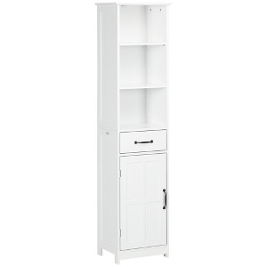 kleankin Slim Bathroom Storage Cabinet, Tall Bathroom Cabinet, Linen Tower with 3 Open Shelves, Drawer, Recessed Door and Adjustable Shelf, White - 1 of 4
