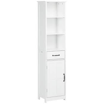 kleankin Slim Bathroom Storage Cabinet, Tall Bathroom Cabinet, Linen Tower with 3 Open Shelves, Drawer, Recessed Door and Adjustable Shelf, White