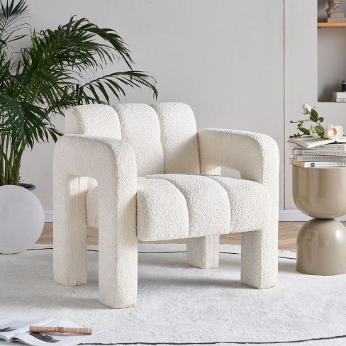31.1" Boucle Upholstered Beige Accent Chair, Modern Wood Frame Armchair ...