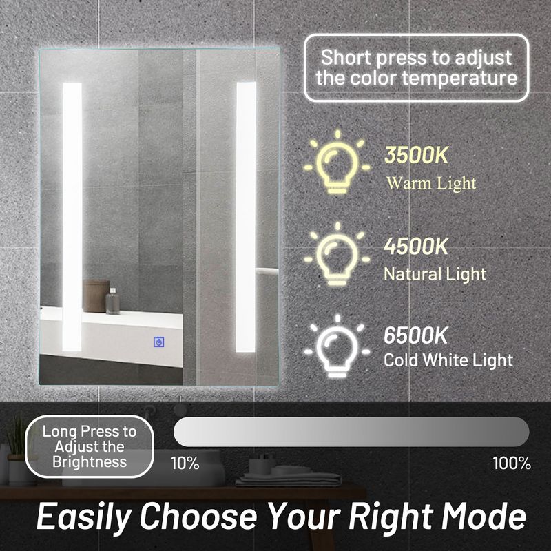 Costway Bathroom LED Mirror Wall-mounted 3-Color Dimmable Touch Button 27.5” x 20”, 4 of 10