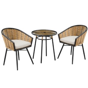 Outsunny 3 Piece Patio Set, Outdoor Bistro Furniture, PE Rattan Wicker Table and Chairs, Cushioned, Barrel Style - 1 of 4