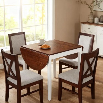 Homy Casa Drop-Leaf Dining Table, White and Walnut – Space-Saving Convertible Design