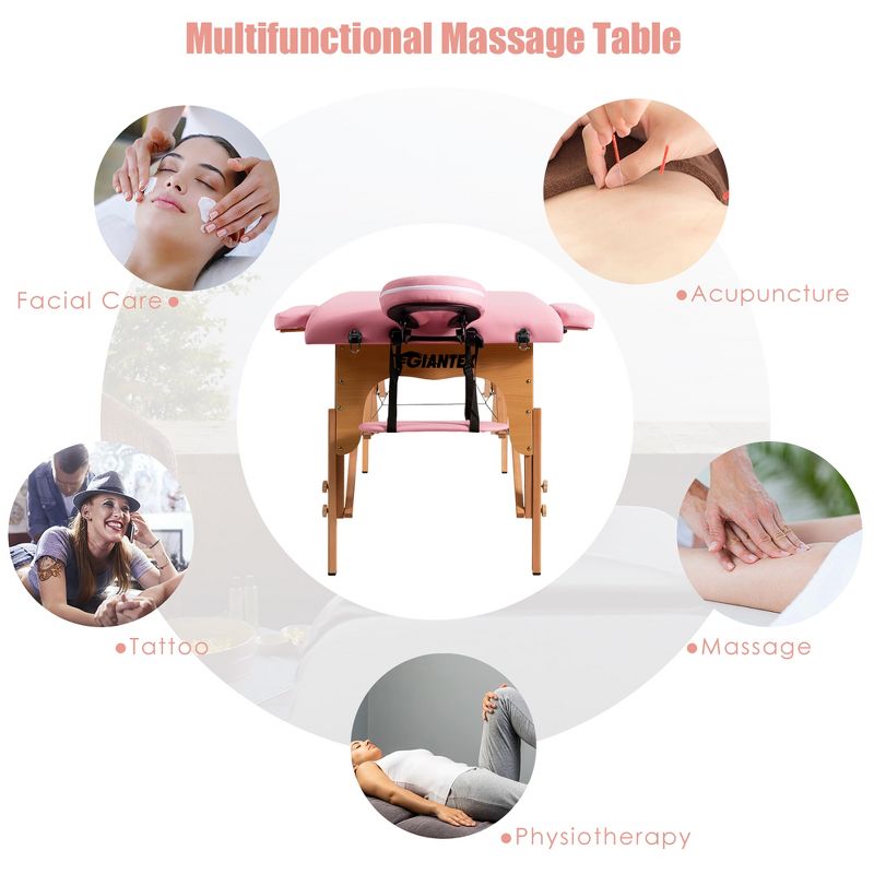 84''L Portable Massage Table Adjustable Facial Spa Bed Tattoo w/ Carry Case White\Black\Pink\Red, 4 of 11