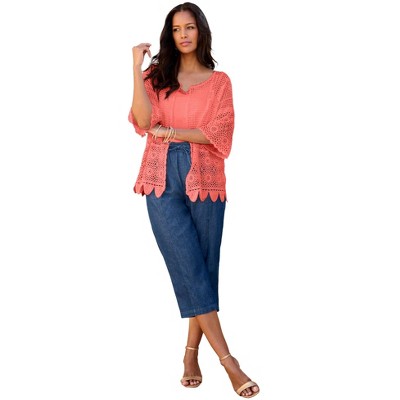 Roaman's Women's Plus Size Scallop Trim Crochet Cardigan