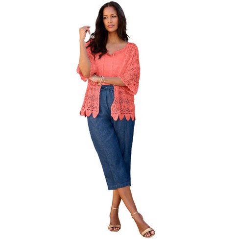 Roaman s Women s Plus Size Scallop Trim Crochet Cardigan L Sunset Coral