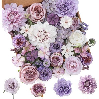 Attop Artificial Flowers Combo Purple Flowers Mix Silk Flowers Dahlia Roses with Stems for DIY Decorations