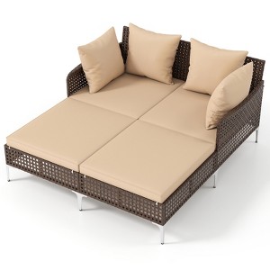 Tangkula Outdoor Rattan Double Daybed Wicker Chaise Lounge for 2 w/ Seat & Back Cushions - 1 of 4