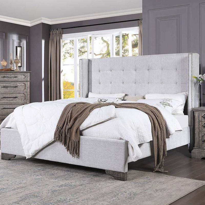 90&#34; Eastern King Bed Artesia Bed Tan Fabric and Salvaged Natural Finish - Acme Furniture, 1 of 8
