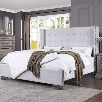 90" Eastern King Bed Artesia Bed Tan Fabric and Salvaged Natural Finish - Acme Furniture