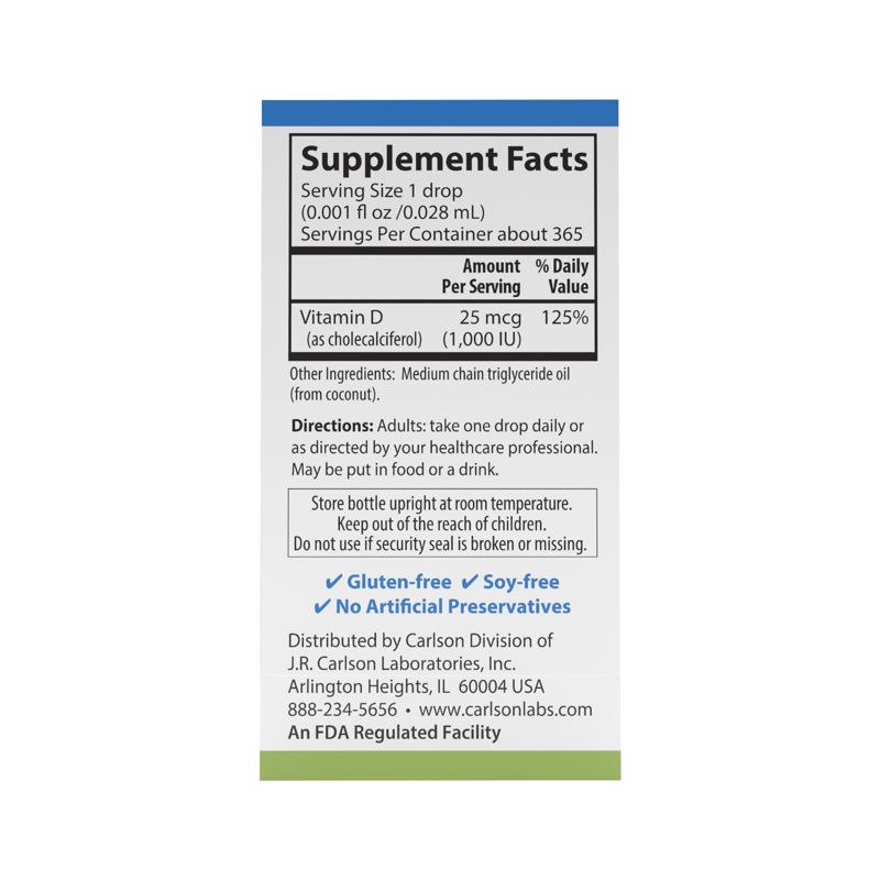 Carlson - Super Daily D3 1000 IU (25 mcg) per Drop, Vitamin D Drops, Vegetarian, Unflavored, 5 of 7