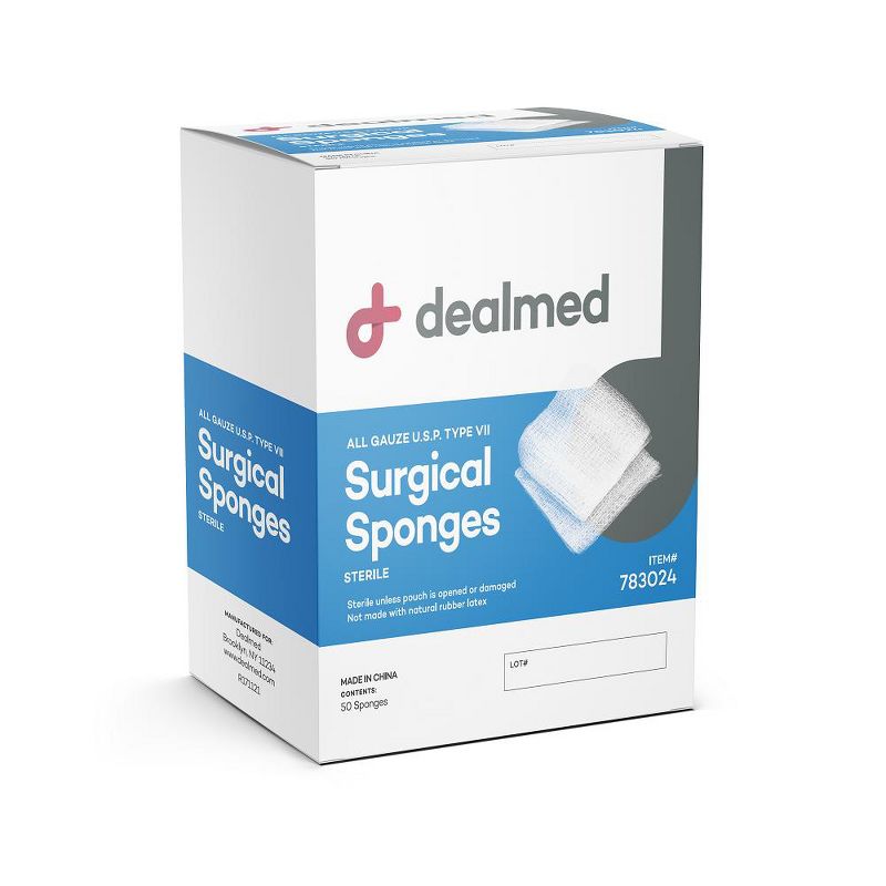 Dealmed 4’’ x 4’’ Sterile Gauze Pads, 12-Ply, Disposable, Individually Wrapped Packages of Two, White, 25 Count, 1 of 5
