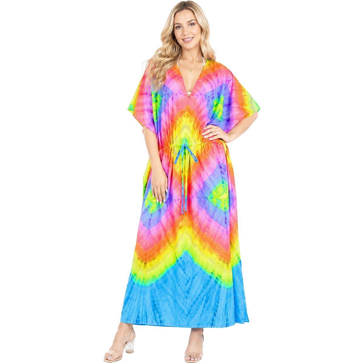 LA LEELA Summer Rayon Blend Women Lounge Caftan Dress Resortwear Vacation Cruise Holiday Comfortable Travel Outfit 2X-3X Multi Tie Dye