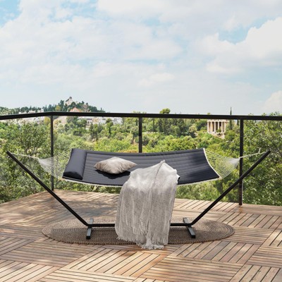 2-Person Hammock with Iron Stand - 475Lb Capacity, Portable, Polyester Net & Cotton Cushion for Garden & Camping