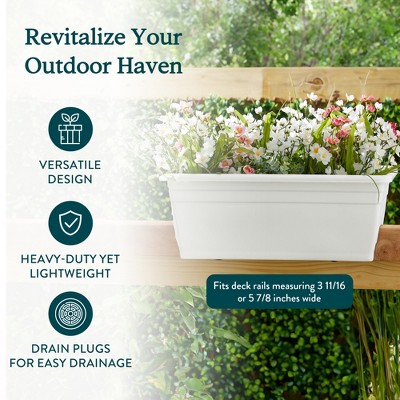White 24-Inch Plastic Deck Rail Planter Box with Drainage Plugs