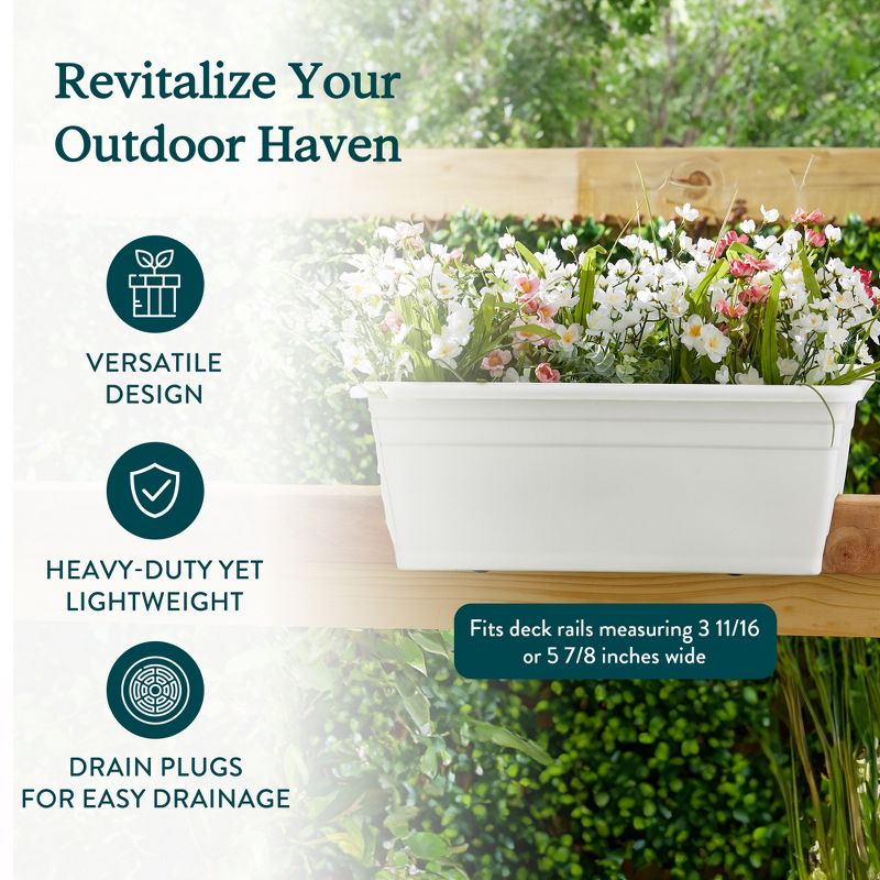 The HC Companies 24 Inch Wide Heavy Duty Plastic Deck Rail Mounted Garden Flower Planter Box with Removable Drainage Plugs, White, 5 of 8
