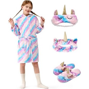 Joyfy Unicorn Kids Robe, Girls Bath Robe with Headband, Slippers, Eye Mask, Girls Christmas Pajamas - 1 of 4