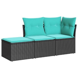 vidaXL 3 Piece Patio Sofa Set with Cushions Black and Blue Poly Rattan - 1 of 4