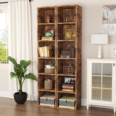 AOXUN Tall Narrow Bookshelf, 6-Tier Cube Display Rack, Modern Corner Bookshelf, Storage Cabinet for Home Office, Brown, 2 Pack