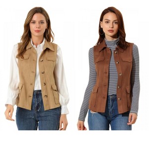 INSPIRE CHIC Women's Buttoned Sleeveless Faux Suede Utility Vest with Cargo Pocket 2 Packs - 1 of 4
