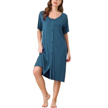 cheibear Women's Satin Nightgown Sleepwear Dress Lounge Boyfriend Button  Down Nightshirt Gray Blue Medium