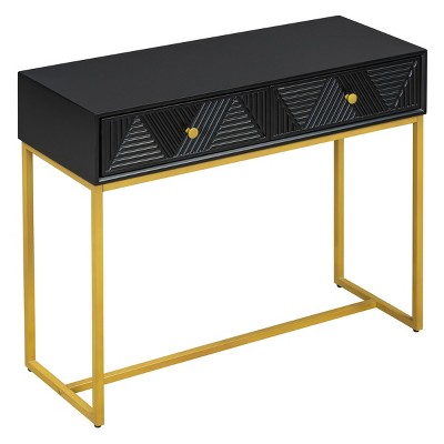GlasFlength Console Tables Modern Narrow Entryway Table with Two Drawers and Metal Base Elegant for Living Room Hallway, Black, 38"*14"*24.4"
