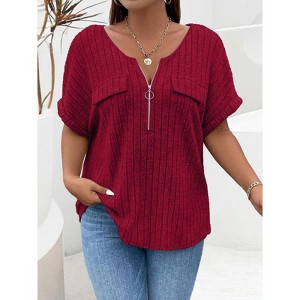 Coolmee Women's Plus Size Top Short Sleeve Blouses Zip-up V Neck Top Womens Casual Work Shirt - 1 of 3
