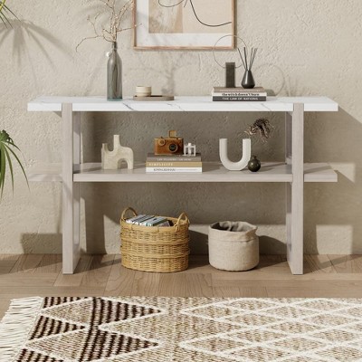 CAVINAS 54 inch Console Table,Retro Entryway Table with Marble-Effect Top and Open Shelf for Living Room,Hallway