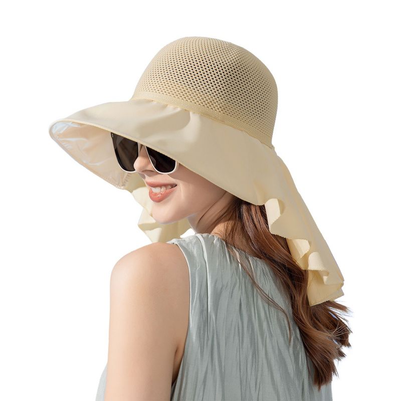 Anna-Kaci Womens Mesh Panel Wide Brim Sun Hat with Back Flap UV Protection and Tie Detail for Outdoor Activities - Beige