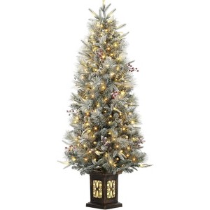 4.5 FT Pre-Lit Snow Flocked Potted Christmas Tree with 200 Warm White Lights, 8 Modes, 12 Red Berries, 286 PE & PVC Tips - 1 of 4
