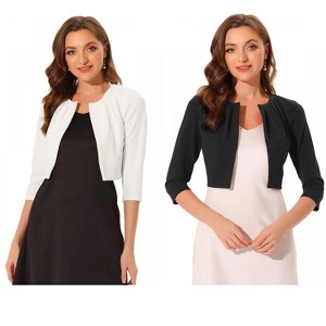 INSPIRE CHIC Women's 3/4 Sleeve Collarless Pleated Open Front Cropped Cardigan 2 Packs - 1 of 4