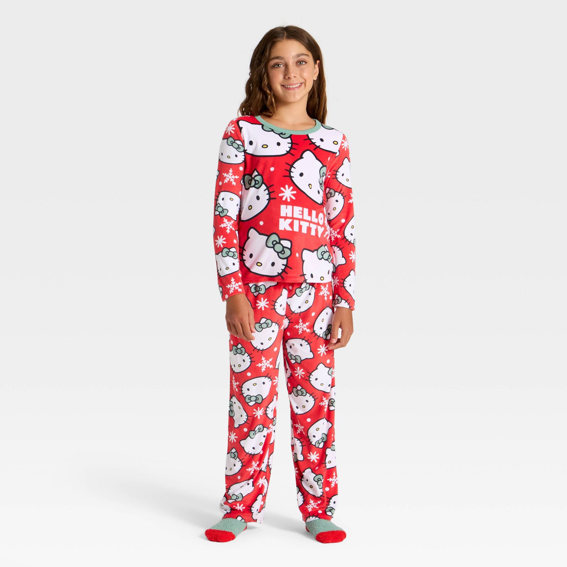 Girls' 2pc Hello Kitty Holiday Cozy Pajama Set with Socks - Red